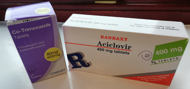 A photograph showing cartons of Co-trimoxazole and Aciclovir